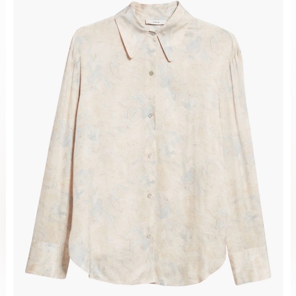 Vince Marble-Print Button-Down Shirt in Cream and Pale Blue - Picture 3 of 7